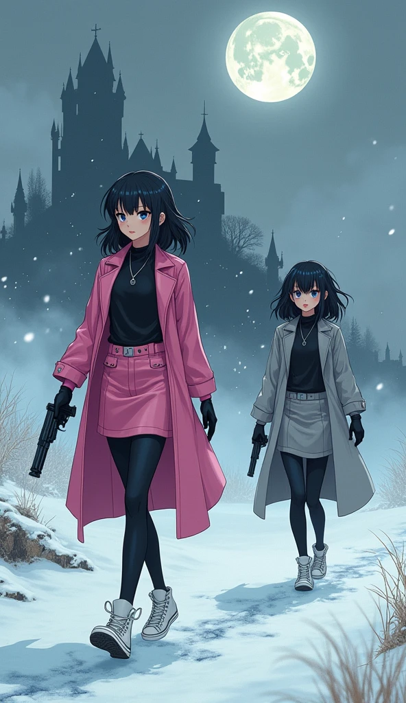 Two girls, long black hairs, yuri, Vampire Hunters
The first girl wear a pink long coat, black shirt, pink pencil skirt, black underpants, black tights, black gloves, white sneakers high top, holding a pistol gun on right hand.
The second girl wore a grey long coat, black shirt, grey pencil skirt, black underpants, black tights, black gloves, white sneakers high top, holding a pistol gun on left hand.
walking on the snow foggy, snowing, grey blue sky, moon, the vampire castle cartoon novel, 4K, HD