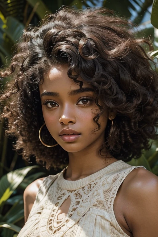 "Create a highly realistic image of Ayana, a young woman with dark brown and natural skin, voluminous curly hair styled in a tight, Defined afro. Her hair is dense, textured, and slightly frizzy at the edges. She has big, expressive eyes with natural, slightly arched eyebrows that frame her face. Her nose is delicately sculpted, and she is full, natural lips with a subtle touch, Natural brightness. Ayana is wearing a sleeveless top with intricate details, elegant patterns that add texture and contrast. The lighting is natural, casting soft shadows that highlight the contours of her face, giving a warm glow to her skin. The background includes blurred vegetation and a wooden structure, focusing on face and hair. Emphasize the texture of the skin, hair details, and the interplay of light and shadow to enhance realism and match her original appearance."