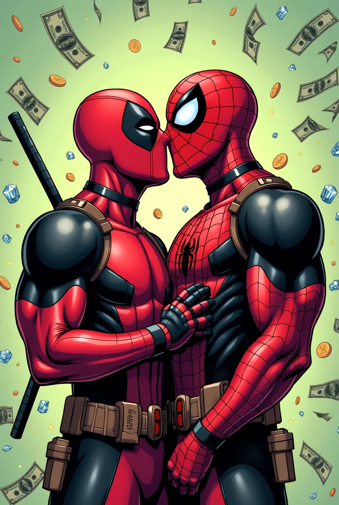 Deadpool annoying spiderman, dollar bills, diamonds, coins, background in light green and Uni Duni Te as the tittle and do it in a square proportion 