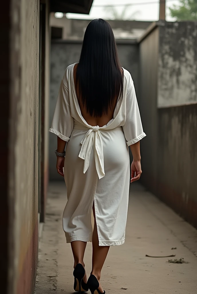 The best wallpaper, Award-Winning Wallpaper, portrait photography, In the back view is a portrait of a cute indian married 35 year old healthy curvy woman with long black straight casual hairs backless wearing seductive bathrob, back view photo, full body, Shot with Canon EOS R5, Set a strong contrast that accentuates the subject, block high heels, beautiful background on dirty terrace