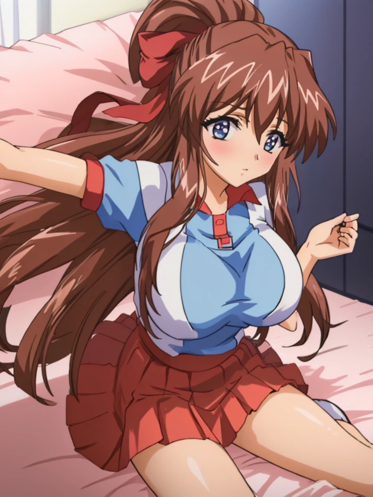 (Anime artwork, Anime Style, Studio Anime, Very detailed, Latest, Vibrant, Anime Coloring Book, High Contrast, masterpiece:1.2, Highest quality, Best aesthetics), (Beautiful and detailed:1.2), Aoi Tennis, 1 person, Hair Ribbon, Tennis uniform, Polo shirt, Raglan sleeves, Pleated skirt, Red Skirt, blush, Lips parted, liar, View your viewers,On the bed, Pink Good, In a seductive pose, Lying horizontally on the floor, View your viewersために向きを変える,  (Cowboy Shot, Low - Angle:1.2), Skirt Lift, No pants,White knee socks,Asymmetrical bangs, Perfect Proportions, Skin with attention to detail, cute, Detailed face,