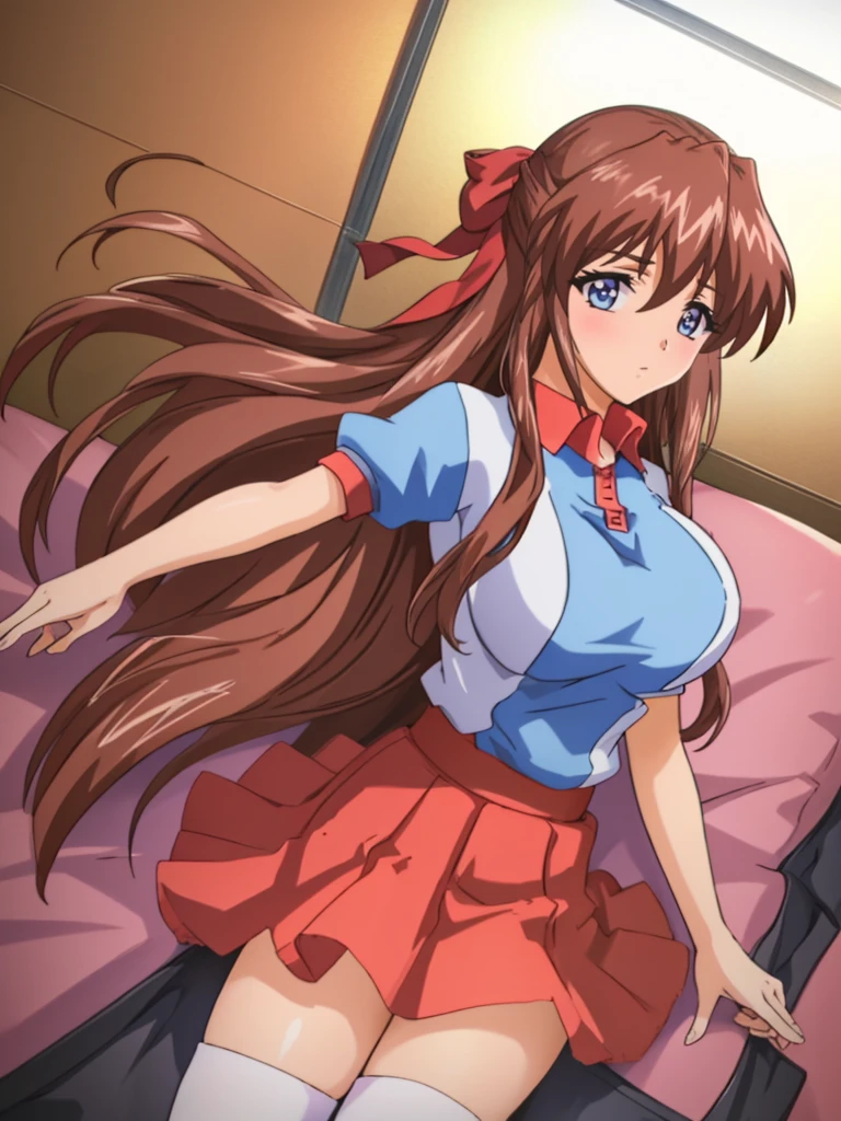 (Anime artwork, Anime Style, Studio Anime, Very detailed, Latest, Vibrant, Anime Coloring Book, High Contrast, masterpiece:1.2, Highest quality, Best aesthetics), (Beautiful and detailed:1.2), Aoi Tennis, 1 person, Hair Ribbon, Tennis uniform, Polo shirt, Raglan sleeves, Pleated skirt, Red Skirt, blush, Lips parted, liar, View your viewers,On the bed, Pink Good, In a seductive pose, Lying horizontally on the floor, View your viewersために向きを変える, (Cowboy Shot, Low - Angle:1.2), Skirt Lift, No pants,White knee socks,Asymmetrical bangs, Perfect Proportions, Skin with attention to detail, cute, Detailed face,