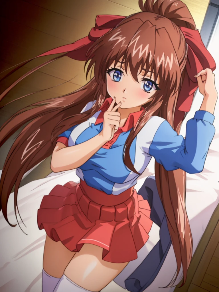 (Anime artwork, Anime Style, Studio Anime, Very detailed, Latest, Vibrant, Anime Coloring Book, High Contrast, masterpiece:1.2, Highest quality, Best aesthetics), (Beautiful and detailed:1.2), Aoi Tennis, 1 person, Hair Ribbon, Tennis uniform, Polo shirt, Raglan sleeves, Pleated skirt, Red Skirt, blush, Lips parted, liar, View your viewers,On the bed, Pink Good, In a seductive pose, Lying horizontally on the floor, View your viewersために向きを変える, (Cowboy Shot, Low - Angle:1.2), Skirt Lift, No pants,White knee socks,Asymmetrical bangs, Perfect Proportions, Skin with attention to detail, cute, Detailed face,
