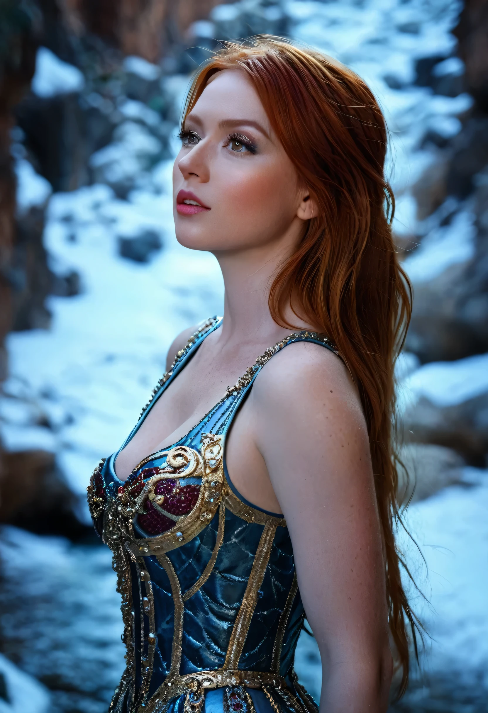 ​masterpiece, An ultra hot, beautiful European. age 23. She is a playmate,men magazine model.(((Redhead in elaborate dress stands in cinematic, snowy canyon slot, fotografia))) soft lighting, colors, Very detailed, dramatic lighing, trendy digital art on Artstation 8k HD High Definition detailed realistic, detailed, Skin texture, Hyperdetailed, realistic skin texture, armor, best quality, ultra highres, (photorealestic:1.4), High resolution, detailed, Brute Photo, Sharp Re, nikon d850 film stock photograph 4 kodak portra 400 camera f1.6 lens rich colors hyper realistic lifelike texture dramatic lighing unrealengine trending on artstation cinestill 800, (((Precise female anatomy, perfect eyes))) (((500 Pixel, Stopper, Photo view.ru, metart,  ISO NOISE))) (((SFW clothing)))