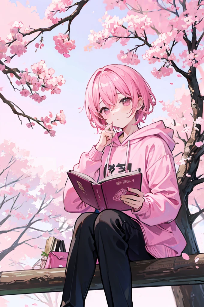 sitting under a cherry blossom tree reading a book、Pink short hair、wearing a pink hoodie and black pants、youth、man、male