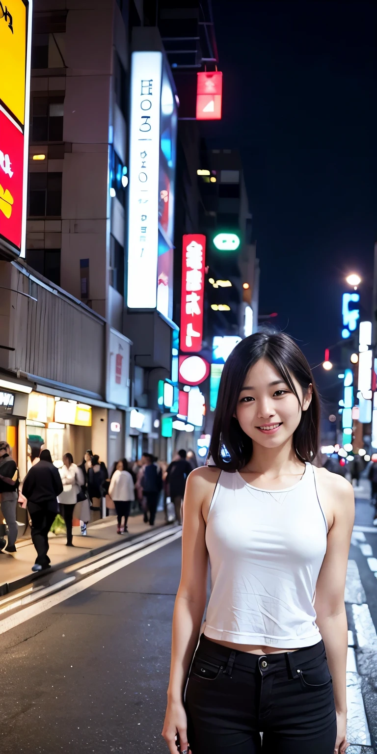 1 person, Tokyo Street,night, Streetscape,City lights,Upper Body,close,smile,, (8k, RAW Photos, Highest quality, masterpiece:1.2),(Realistic, photo-Realistic:1.37),