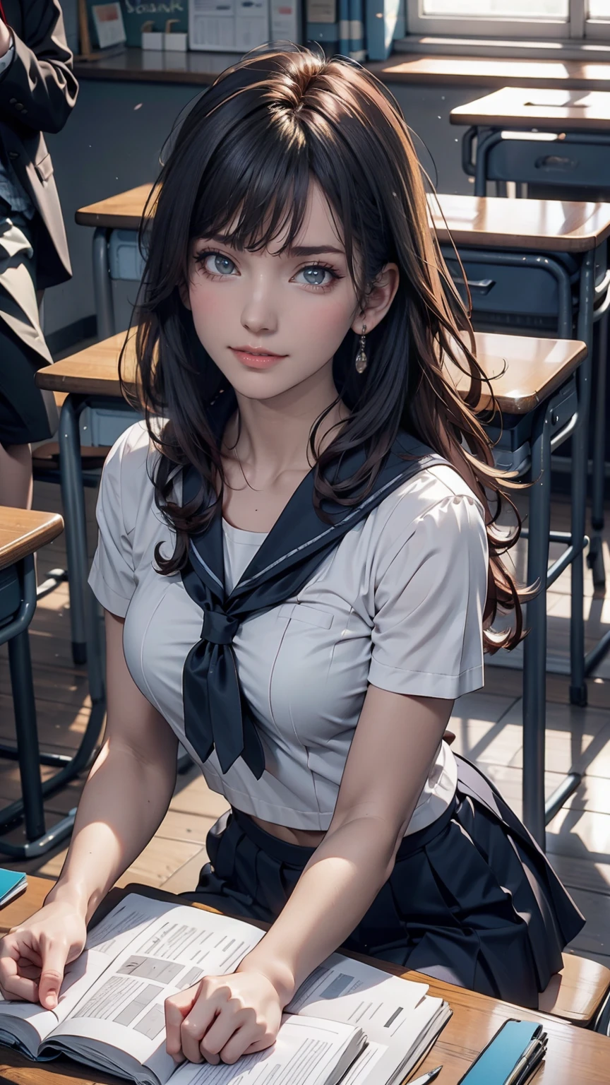 A young woman, 18 years old, with long purple hair, wearing a sailor uniform, sitting in a classroom (School 1.5 in the background) (Expression Smile1.5) (Highest quality: 1.1) (masterpiece: 1.3) with an unparalleled masterpiece, Surreal 8K, Perfect artwork, Super Detail, Highest quality, masterpiece 4K wallpaper aesthetics, masterpiece, Award-winning works, Official Art, Cinema Lighting