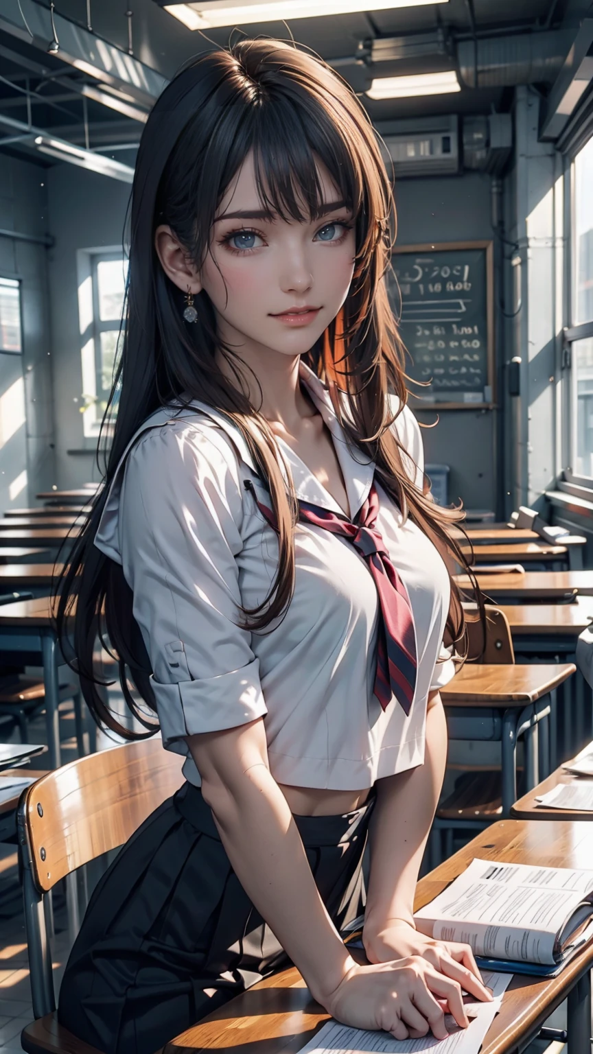 A young woman, 18 years old, with long purple hair, wearing a sailor uniform, sitting in a classroom (School 1.5 in the background) (Expression Smile1.5) (Highest quality: 1.1) (masterpiece: 1.3) with an unparalleled masterpiece, Surreal 8K, Perfect artwork, Super Detail, Highest quality, masterpiece 4K wallpaper aesthetics, masterpiece, Award-winning works, Official Art, Cinema Lighting