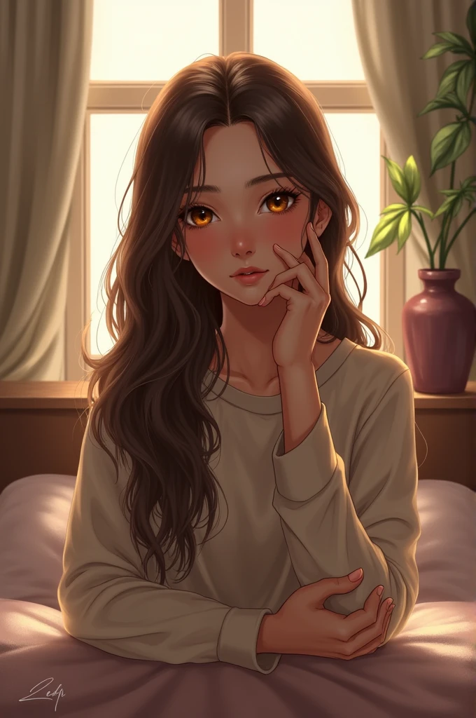 Girl with brown hair and brown eyes inside room