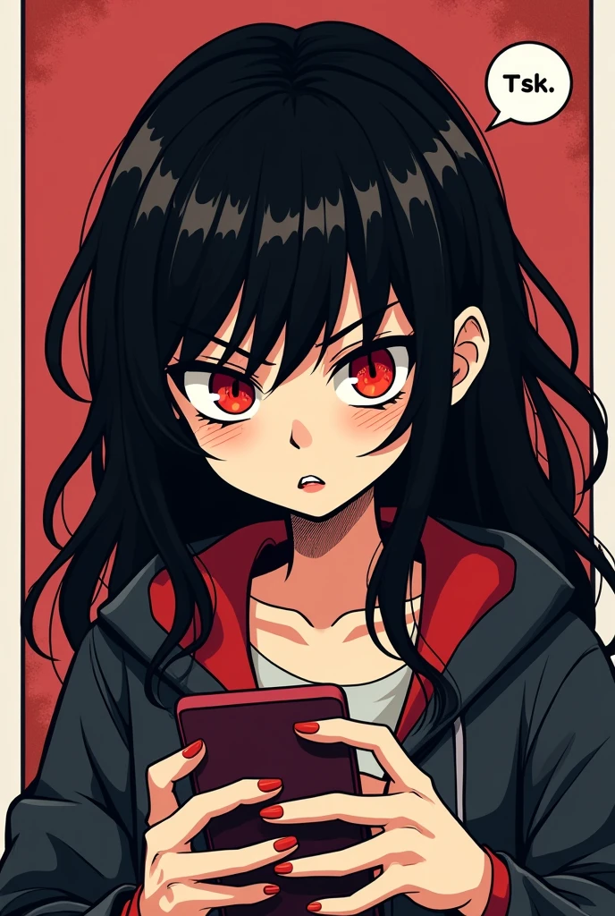 (masterpiece, best quality:1.2), (2comic panels, dot halftone, flat color), black hair, red eyes, vampire girl, scrolling on smart phone, (saying "Tsk" with angry face)