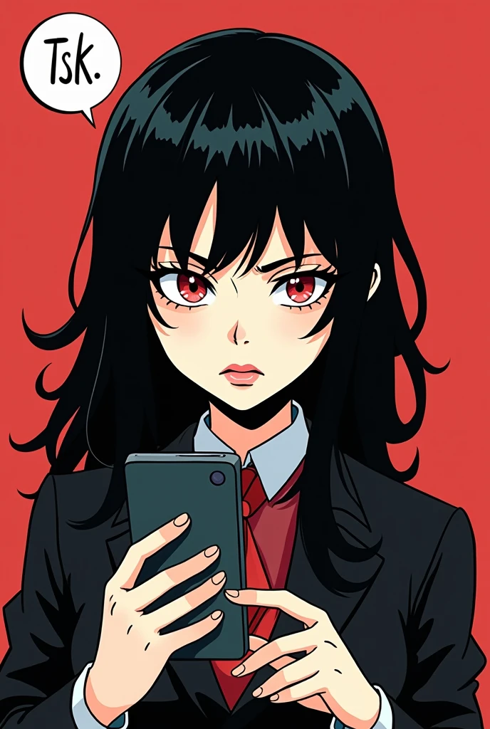(masterpiece, best quality:1.2), (2comic panels, dot halftone, flat color), black hair, red eyes, vampire girl, scrolling on smart phone, (saying "Tsk" with angry face)