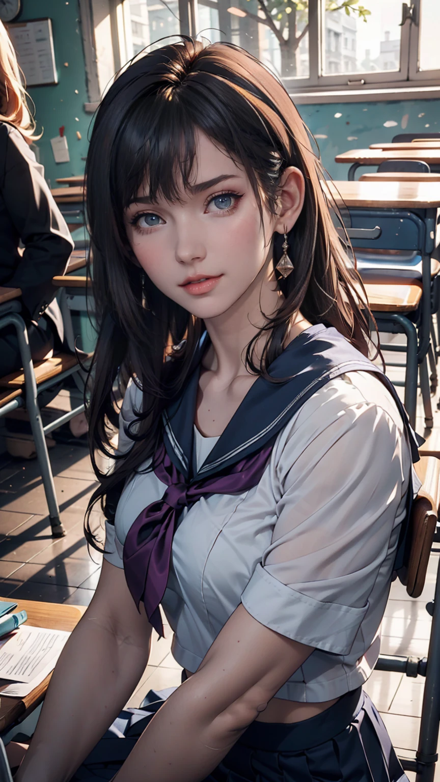 A young woman, 18 years old, with long purple hair, wearing a sailor uniform, sitting in a classroom (School 1.5 in the background) (Expression Smile1.5) (Highest quality: 1.1) (masterpiece: 1.3) with an unparalleled masterpiece, Surreal 8K, Perfect artwork, Super Detail, Highest quality, masterpiece 4K wallpaper aesthetics, masterpiece, Award-winning works, Official Art, Cinema Lighting