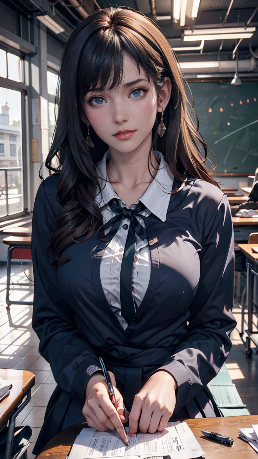 A young woman, 18 years old, with long purple hair, wearing a sailor uniform, sitting in a classroom (School 1.5 in the background) (Expression Smile1.5) (Highest quality: 1.1) (masterpiece: 1.3) with an unparalleled masterpiece, Surreal 8K, Perfect artwork, Super Detail, Highest quality, masterpiece 4K wallpaper aesthetics, masterpiece, Award-winning works, Official Art, Cinema Lighting