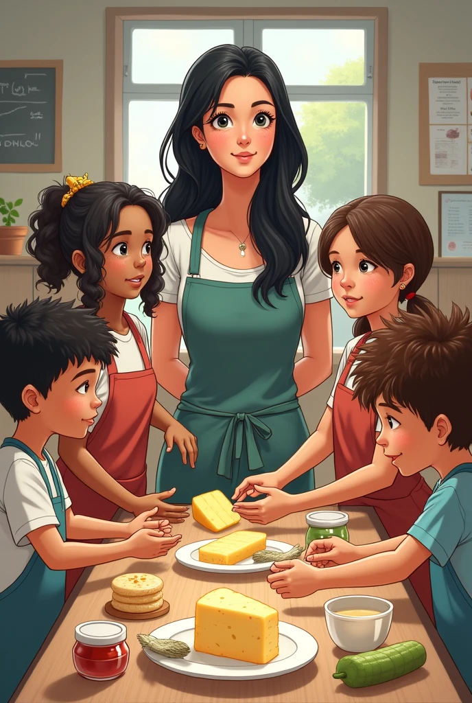 Create an image of a teacher with long black hair, with your students (boys and girls) that are producing products of agricultural origin, like cheeses, iogurtes, candies, compotas, etc. The drawing doesn't need to be so realistic, but it doesn't need to be too simple either. Remembering that they are high school students and both he and the teacher. And do not generate people with oriental characteristics. Place 3 girls and 4 boys in the image. One with dark curly hair, Another with straight hair and a thin body, Another with straight hair and a little overweight. The boys generate a high curly and brown hair, One with short hair, And the other 2 feel free to do as you like. These teenagers are around 20 years old, and both they and the teacher, are Brazilian