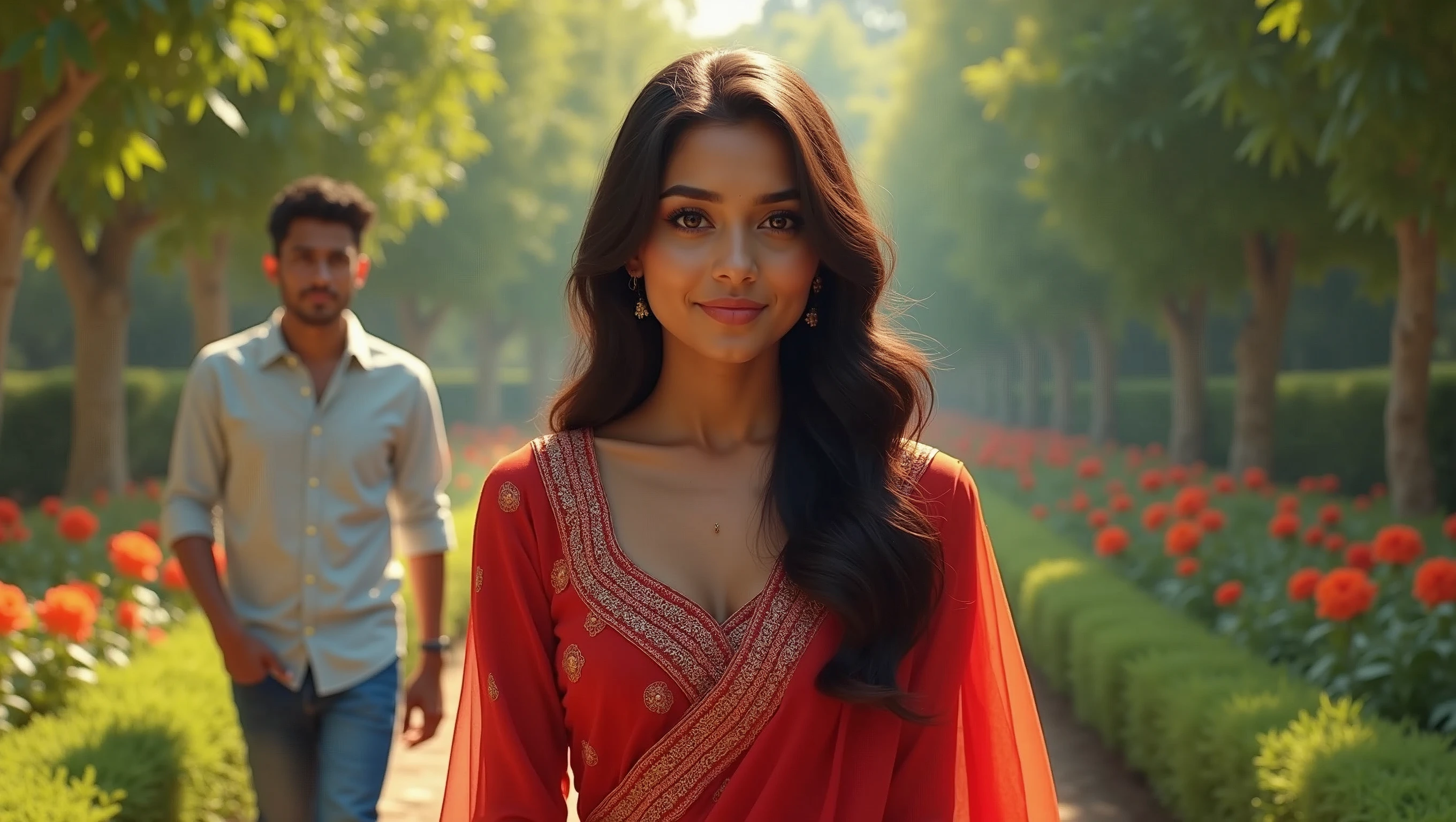 realistic, best quality, very detailed, Beautiful A 21 year old Indian girl she is wearing red colour suit salwar and she is going towards the garden and behind her she also has boyfriend when I am going hand in pocket and the girl is a little bit shy And she has boyfriend behind her too.hd realistic art image