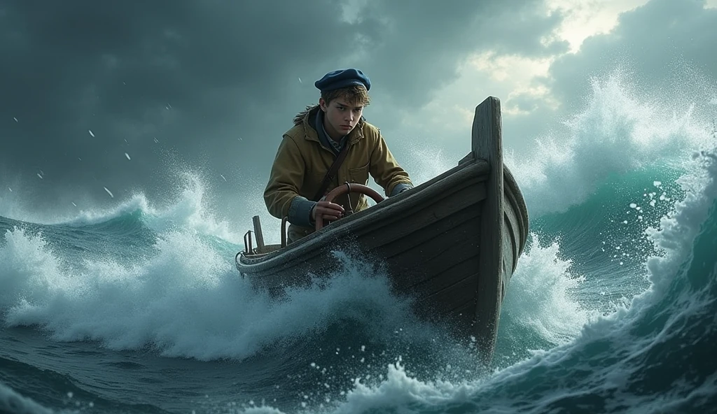 Young sailor's boat battered by high waves and strong winds, illustrating his struggle during the storm.