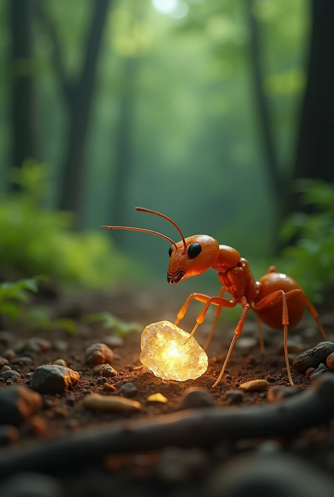 A small, curious ant discovers a single, sparkling grain of sugar on a forest floor. The ant is slightly larger in focus, showing its excitement.