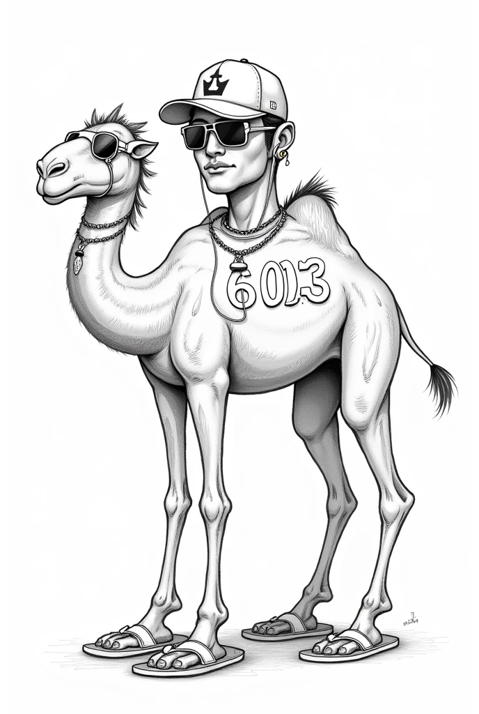 Camelo 2D misturado com humano for coloring, sunglasses, cap, chinelo, earphone, black andwhite, for coloring, piercing , tatoo , written 603 on the hump