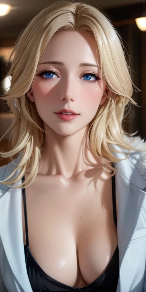 Elegant mature female, milf, blue eyes, blonde hair, soft light, high detailed, 4k resolution, high quality, beautiful cg,