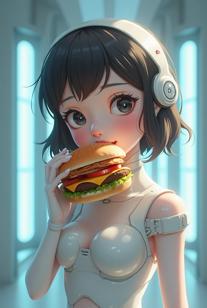 a female ai-girl eating a hamburger, anime style