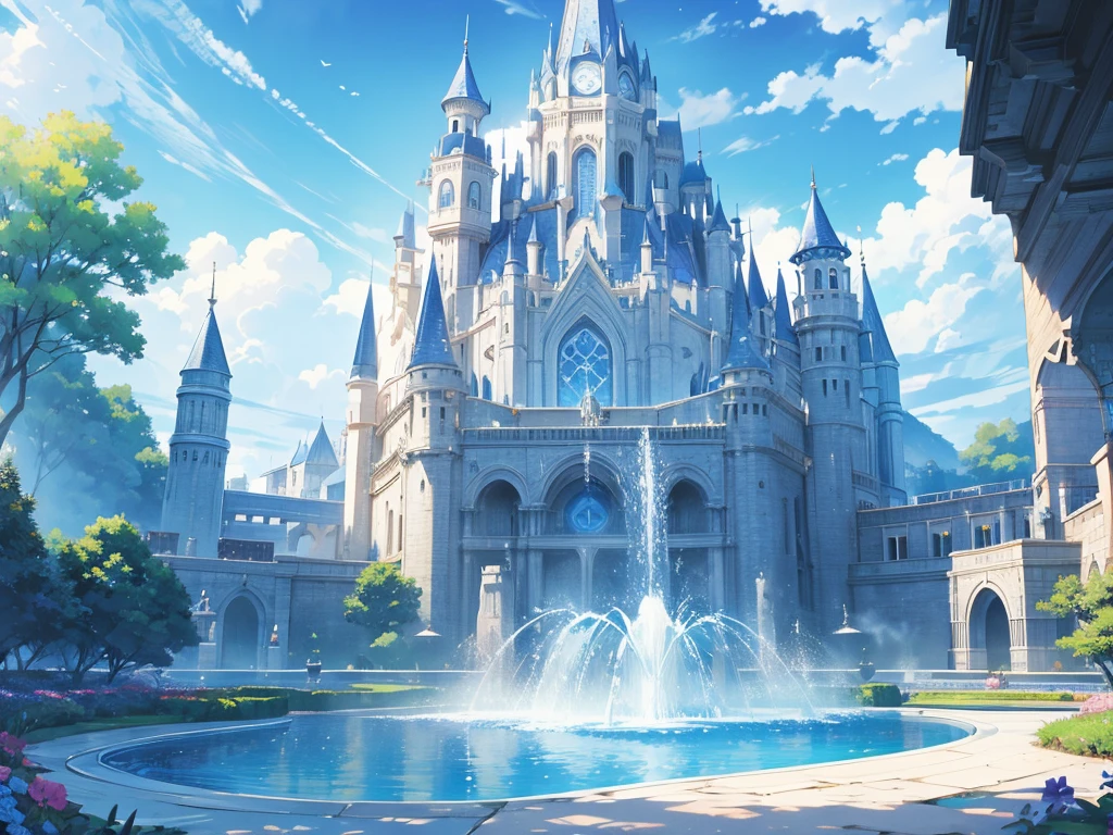 School of Fantasy、magic、Large fountain、The perspective of looking up at the blue sky、Delicate anime style background