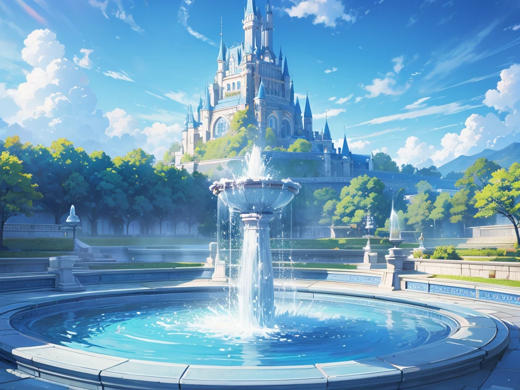 School of Fantasy、magic、Large fountain、The perspective of looking up at the blue sky、Delicate anime style background
