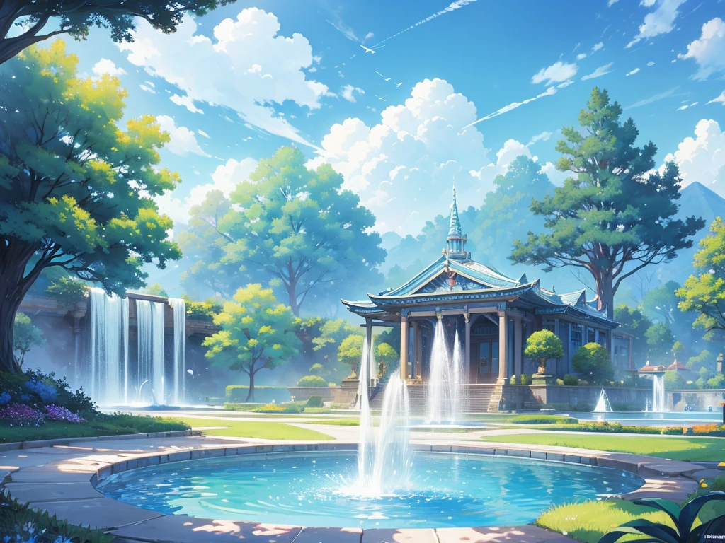 School of Fantasy、magic、Large fountain、The perspective of looking up at the blue sky、Delicate anime style background