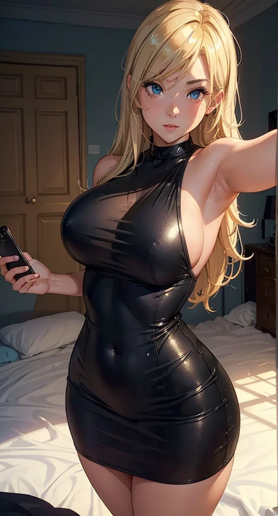 A beautiful and cute girl with light blonde hair wearing a short black dress taking a selfie in a bedroom., thick, thick body, beautiful body and face, photorealistic, 8k, hyper detailed, cinematic lighting, chiaroscuro, dramatic shadows, warm colors, shiny skin, flawless, elegant, Fashion, trends