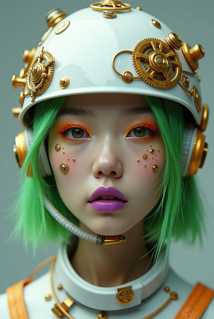 A striking portrait of a Korean woman dressed in intricate steampunk-inspired gear. She dons a white helmet adorned with gears and levers, while her face is intricately embellished with golden mechanical components such as gears, pipes, and wires, Xtremly delicated like a Swiss click, vibrant purple lipstick contrasts with her focused, sharp eyes, orange eyelashes and green neon hair. The muted background emphasizes the viewer's focus on the woman's detailed facial features and the fascinating mechanical elements on her face., photo, fashion, vibrant