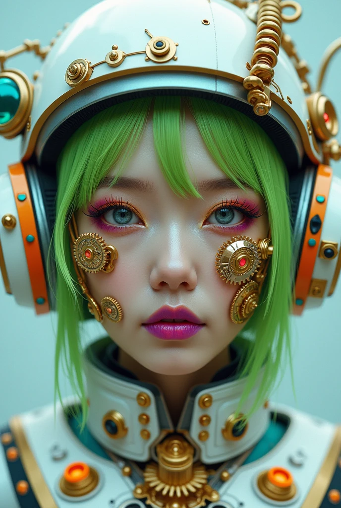 A striking portrait of a Korean woman dressed in intricate steampunk-inspired gear. She dons a white helmet adorned with gears and levers, while her face is intricately embellished with golden mechanical components such as gears, pipes, and wires, Xtremly delicated like a Swiss click, vibrant purple lipstick contrasts with her focused, sharp eyes, orange eyelashes and green neon hair. The muted background emphasizes the viewer's focus on the woman's detailed facial features and the fascinating mechanical elements on her face., photo, fashion, vibrant
