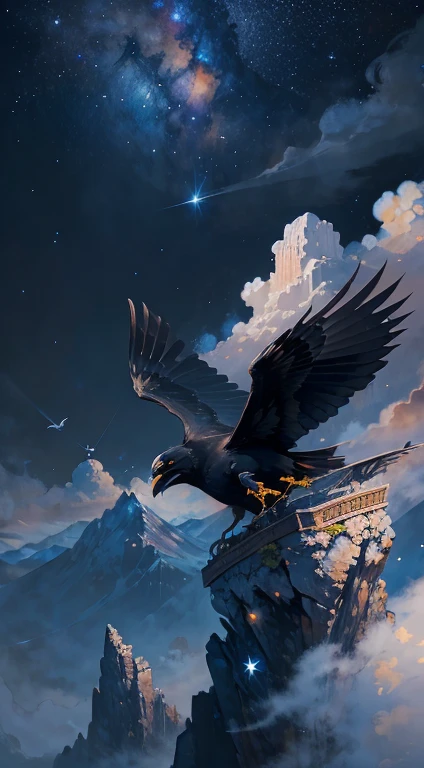 A crow, night scene background, , Mysterious clouds, expression of surprise, incredible views, Unavailable, in the sky, legend, stars illuminating the night sky, Fly free, adventure, terraces, High mountains, Amazing sunset, Fly as much as you want, Through the clouds, Spirit of adventure, Shocking scene with wings spread, Huge starry sky, fusion of tradition and modernity./masterpiece Illustration, high quality, 8k, high resolution,