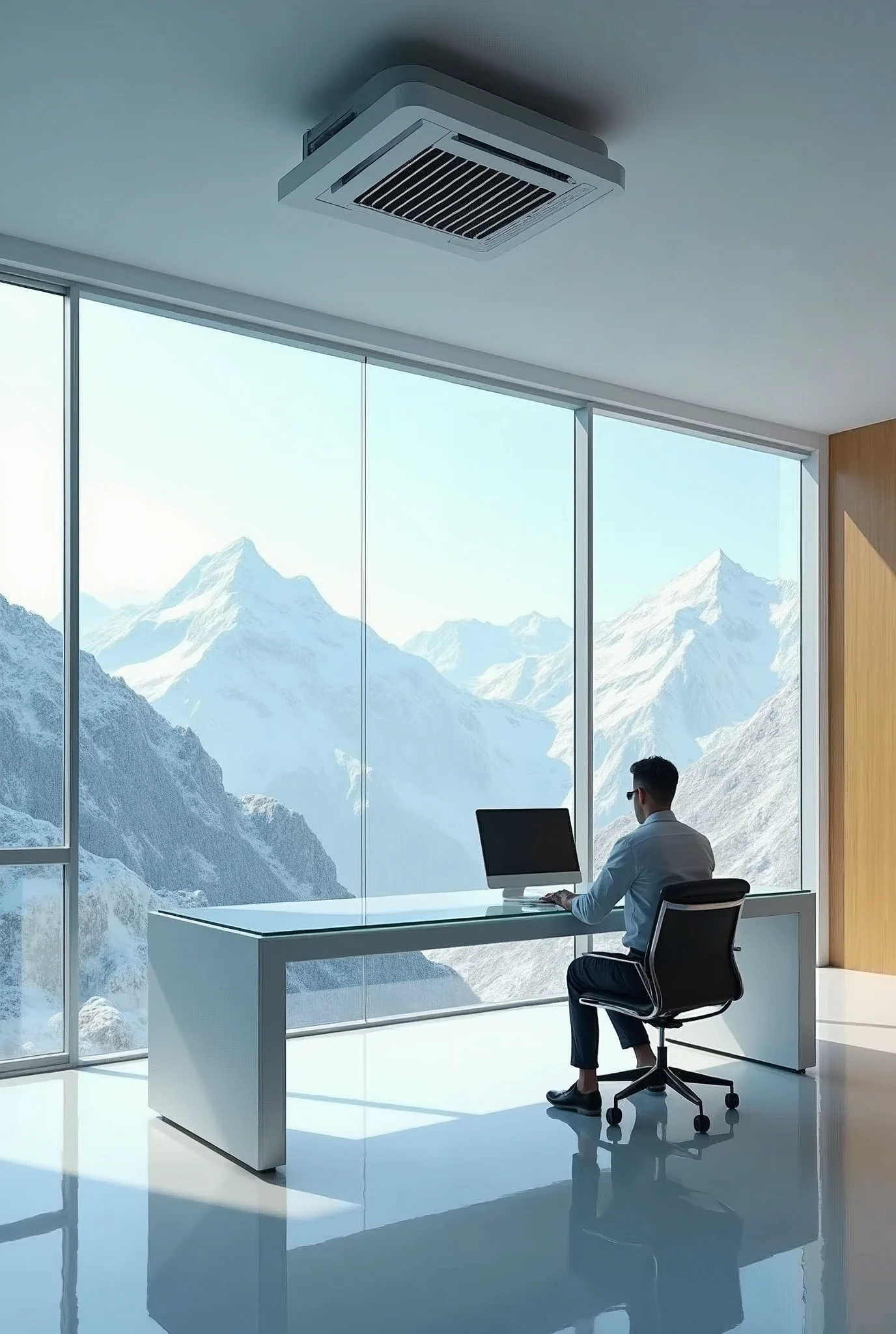 modern office room with modern office table with two glass windows showing the view of cold snowy mountain and right side blank wall with gold touch and ceiling should be shown to insert a ceiling mounted split type air conditioner and futurist photo with calm and cool and colourful