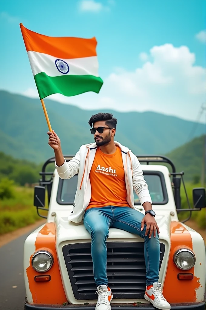 Create an Real image featuring a young man sitting on the hood of a white and orange truck, with india’s scenic background. He’s holding a flag celebrating india’s 15th August. The boy wears a orange and white T-shirt with ‘anshu’ printed on it, white jacket, white orange, black shoes, and sunglasses