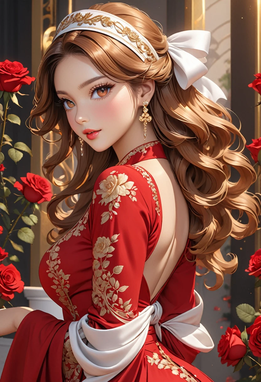 ((best quality)), ((artwork)), ((extremely detailed face)), ((perfect lighting)), ((extremely detailed CG)), ((perfect hands, perfect anatomy)), Sex/Gender= Female
Age= 23
Hair= Golden, wavy, long
Eyes= Crimson, slit-like pupils, long lashes
Features= Ravishingly beautiful, slender, voluptuous figure, large bust, narrow waist, curvaceous butt, light skin tone
Height= 5′1"
Outfit= Elegant red dress with roses and white ribbons, headband, gold earrings.]
