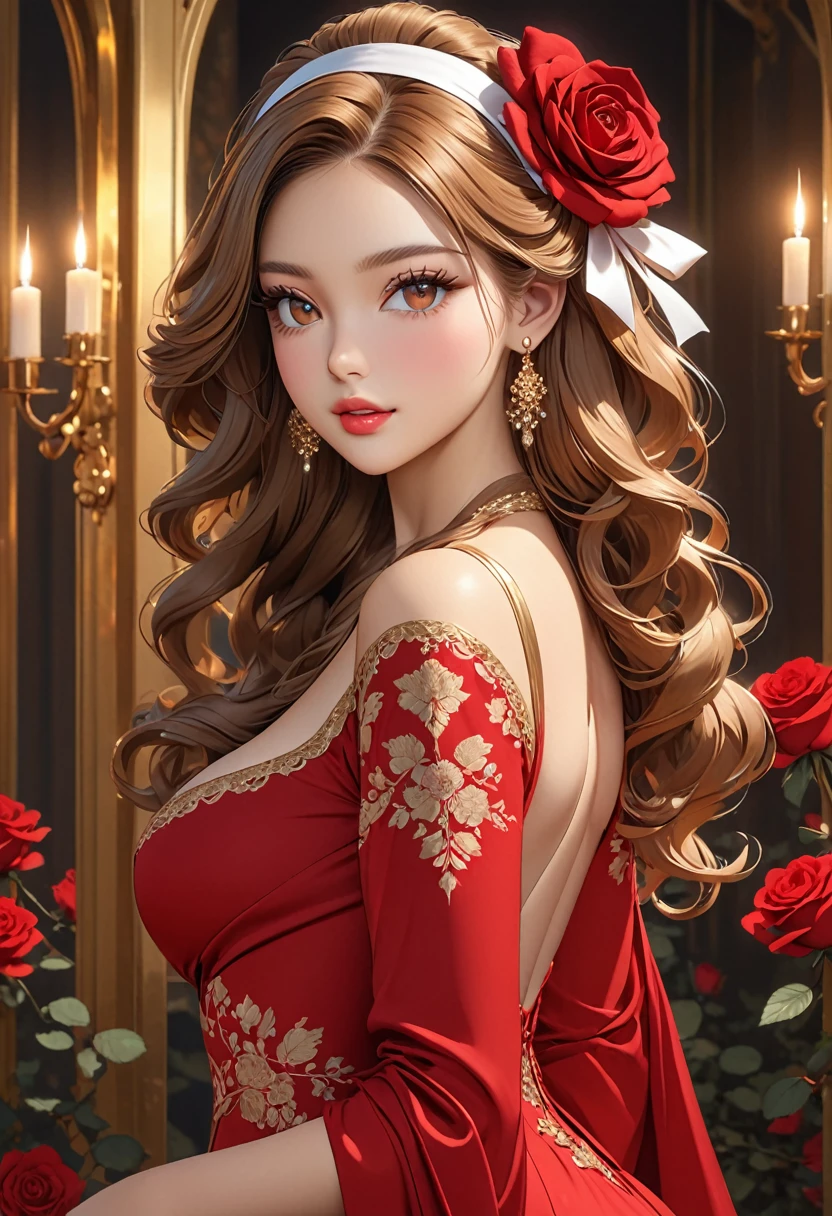((best quality)), ((artwork)), ((extremely detailed face)), ((perfect lighting)), ((extremely detailed CG)), ((perfect hands, perfect anatomy)), Sex/Gender= Female
Age= 23
Hair= Golden, wavy, long
Eyes= Crimson, slit-like pupils, long lashes
Features= Ravishingly beautiful, slender, voluptuous figure, large bust, narrow waist, curvaceous butt, light skin tone
Height= 5′1"
Outfit= Elegant red dress with roses and white ribbons, headband, gold earrings.]
