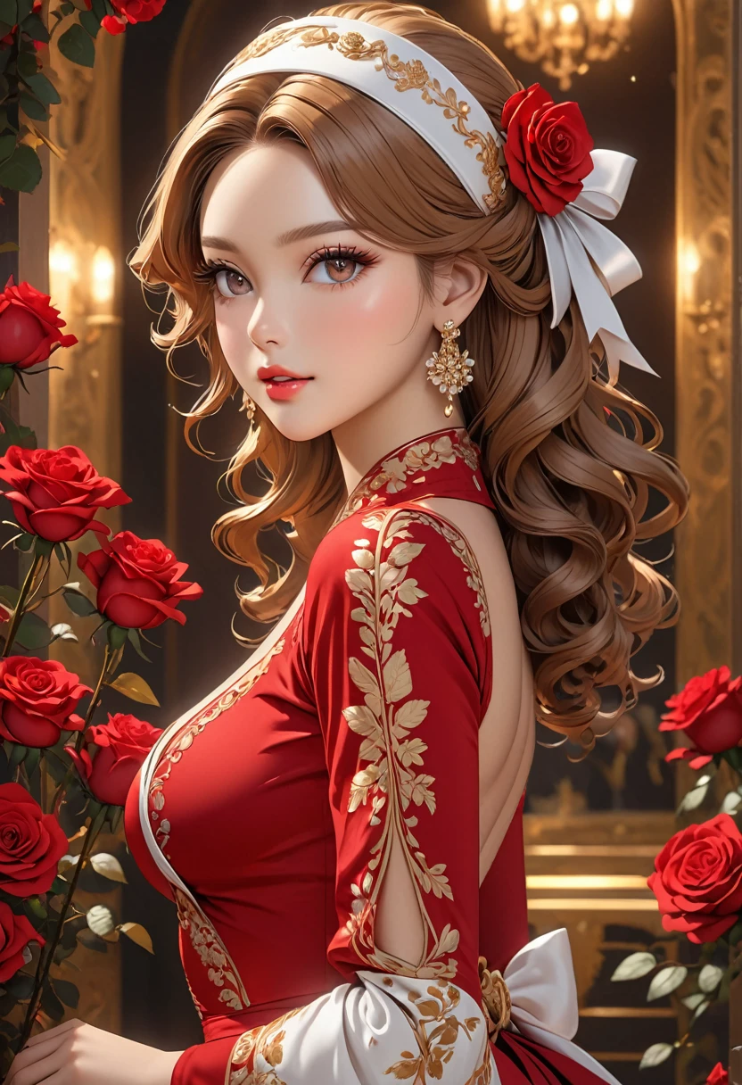 ((best quality)), ((artwork)), ((extremely detailed face)), ((perfect lighting)), ((extremely detailed CG)), ((perfect hands, perfect anatomy)), Sex/Gender= Female
Age= 23
Hair= Golden, wavy, long
Eyes= Crimson, slit-like pupils, long lashes
Features= Ravishingly beautiful, slender, voluptuous figure, large bust, narrow waist, curvaceous butt, light skin tone
Height= 5′1"
Outfit= Elegant red dress with roses and white ribbons, headband, gold earrings.]
