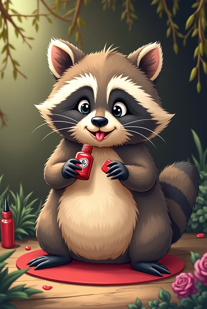 Drawing of a fat raccoon painting its nails holding the nail polish in its paw