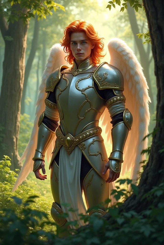 Tres beau jeune homme prince armure angelique cheveux roux yeuc bleu percant depans une forêt
