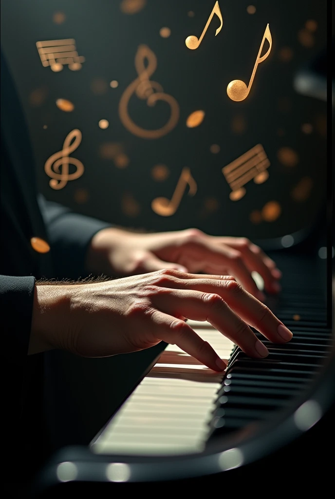 I need an image of a piano being played. Only the musician's hand appearing and musical symbols