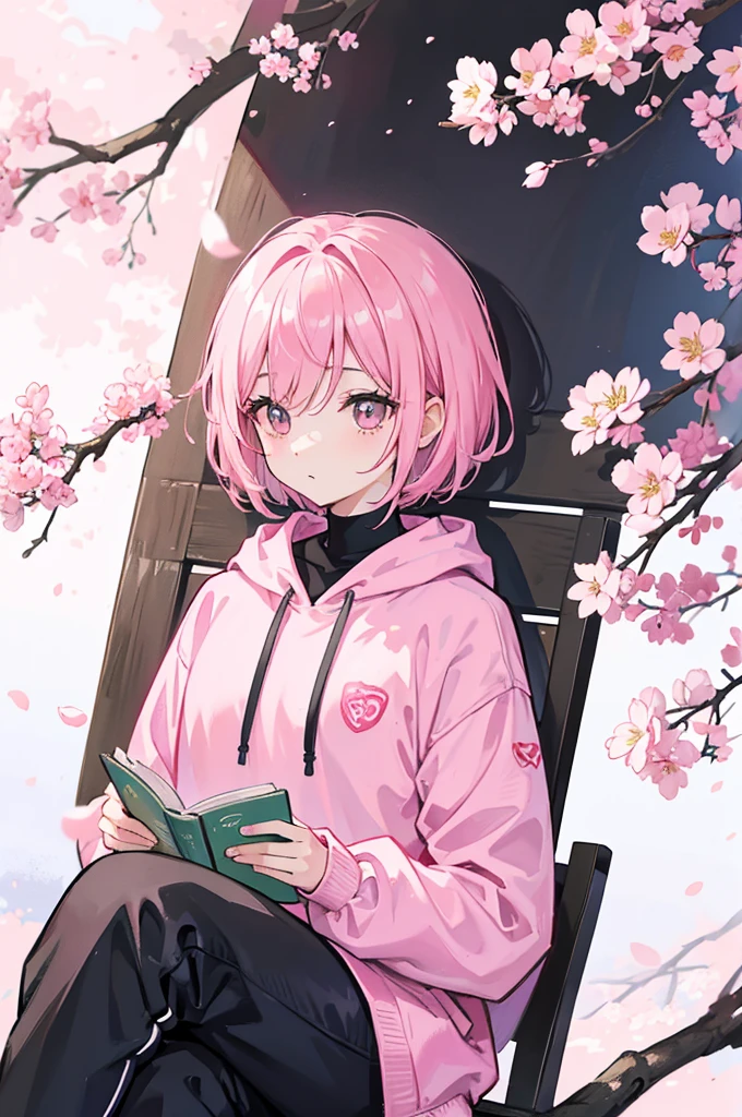 sitting under a cherry blossom tree reading a book、Pink short hair、Wearing a pink hoodie, a black turtleneck, and black long pants.、youth、man、male
