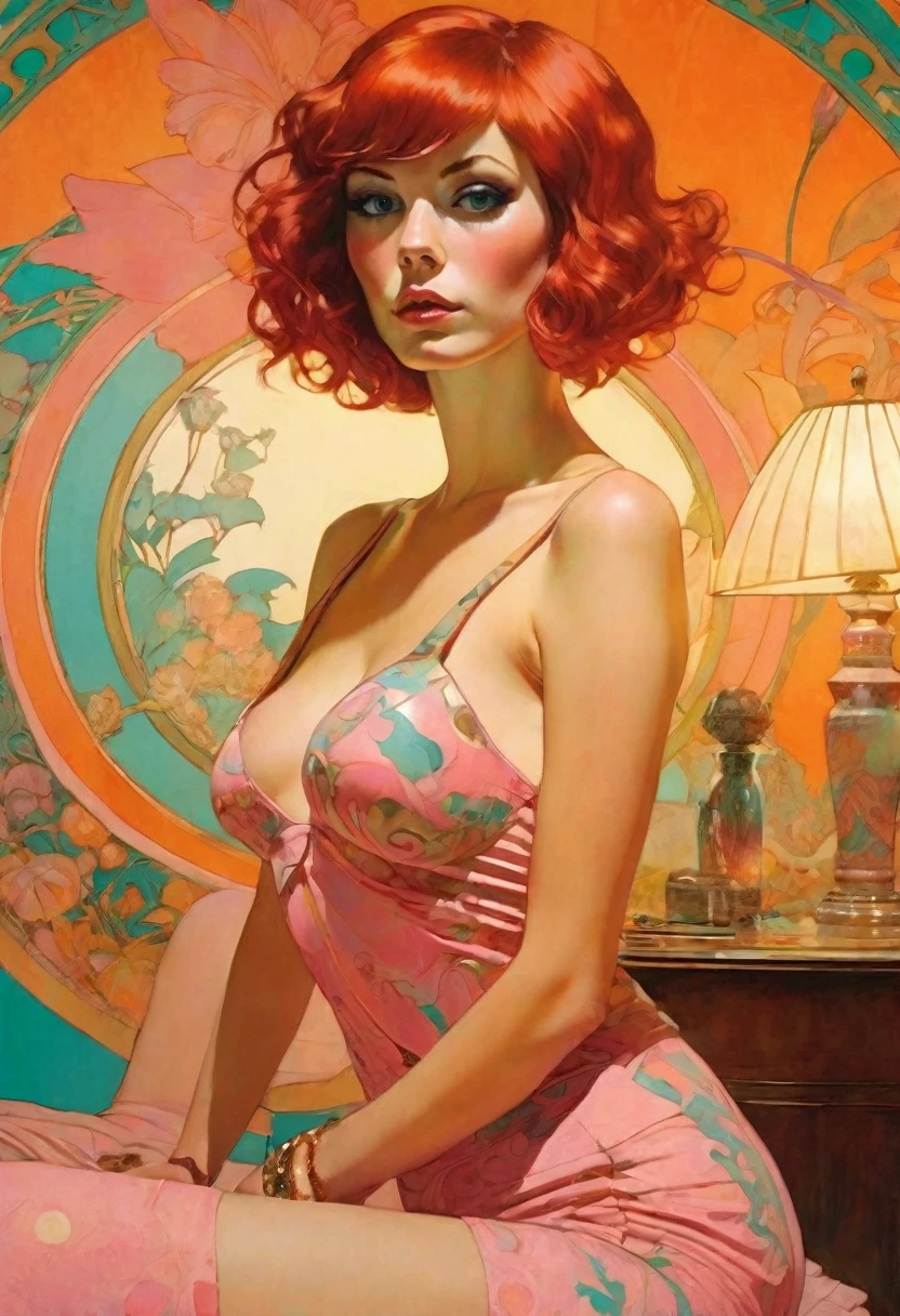 Robert McGinnis and Bernie Fuchs style wideshot fisheye low angle full body luminism unclothed pin-up curvy short hair alejandra guilmant redhead goth punk woman looking at camera in a  pink teal orange art nouveau (alphonse mucha, darren grealish) psychedelic pattern theme hotel room by edward okun, rule of thirds, seductive look, beautiful masterpiece by bob coulter and Tim Walker