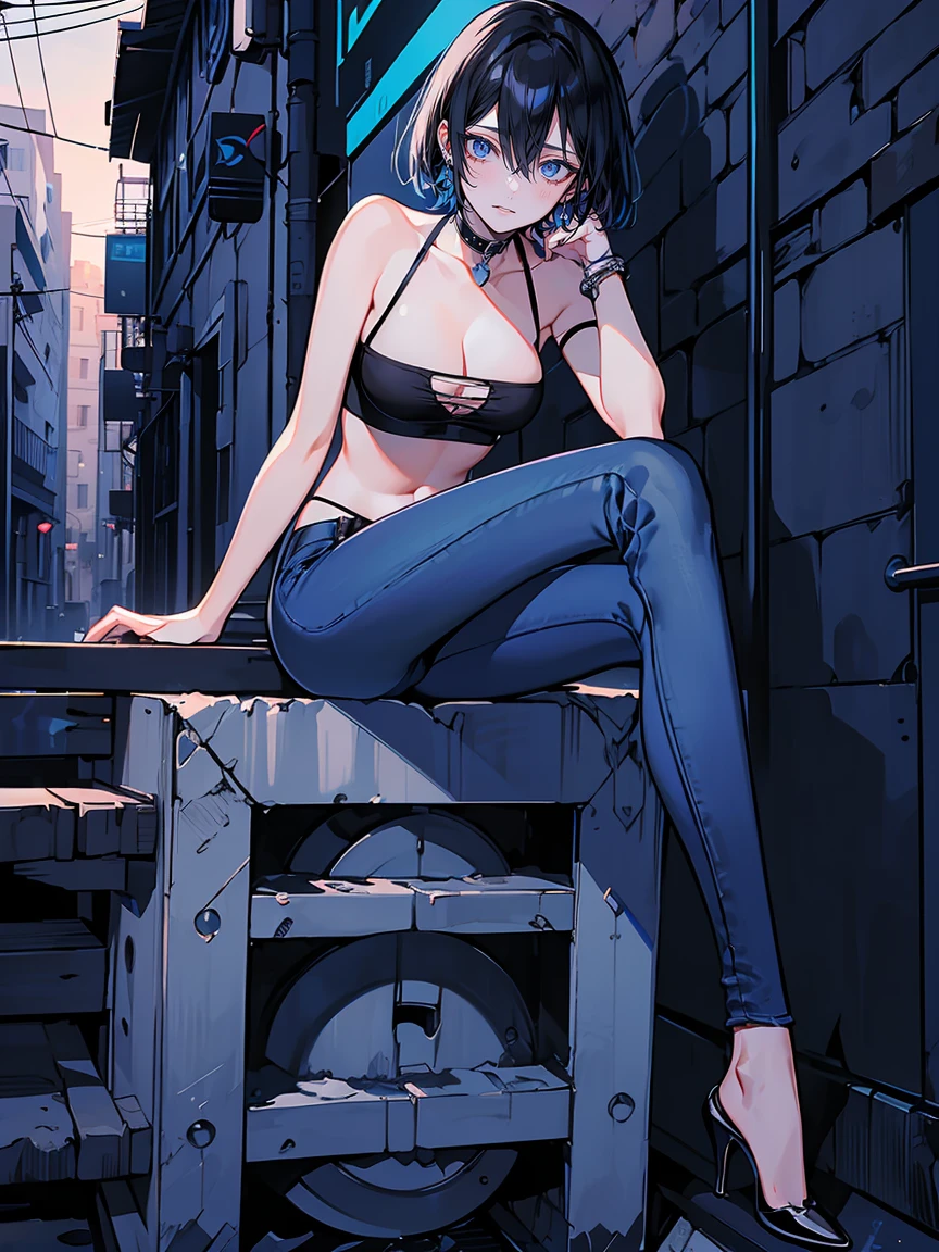 (best quality,very detailed,high resolution:1.2) Two legs , Five perfect fingers , Delicate Face Portrayal , woman with a perfect face , smile , Black bob , light blue eyes , A pose sitting with one leg raised , Blue tube top , long jeans , black choker , An alleyway background at dusk ,