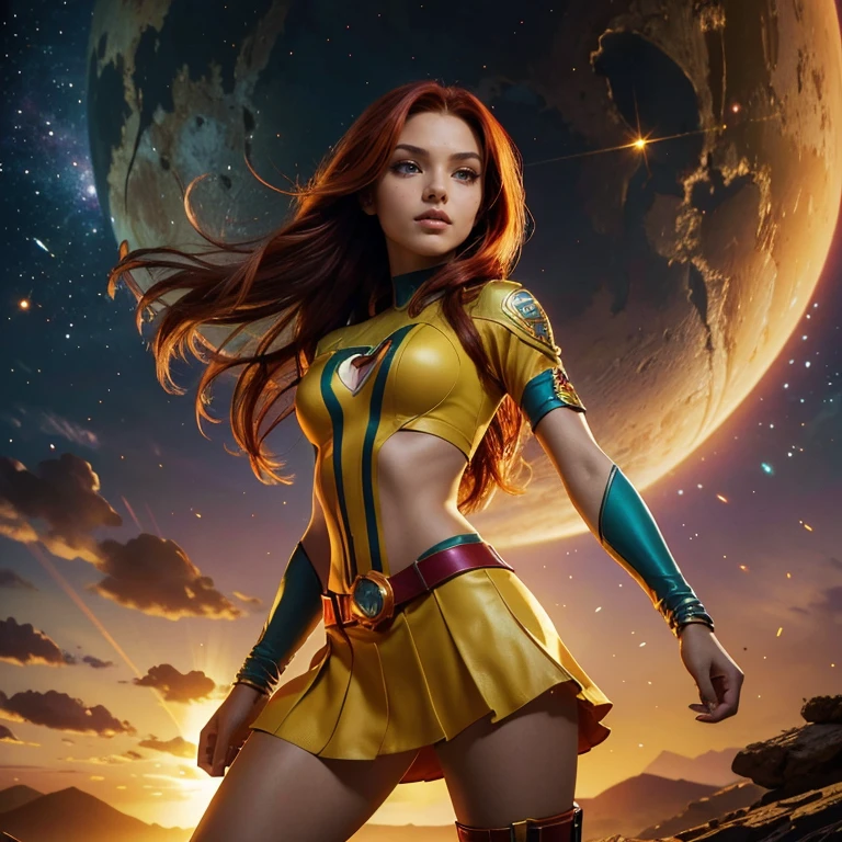 (​masterpiece, best quality:1.5), highest quality, High resolution, super detailed, Realists, Full body photo of 18-year-old Starfire from Teen Titans, detailed and beautiful green eyes, beautiful detailed lips, very detailed eyes and face, longeyelashes, additional eyebrows in the forehead area, Beautiful and colorful makeup, Fighting Pose, dark red hair, ponytail hairstyle,  orange skin, bright daylight, bright colors, fine brushstrokes, Portrait style, beautiful color palette, glowing skin, First-class rendering, that captures every detail, enchanting atmosphere, (perfect anatomy:1.2), (The two stunning Starfire uniforms from Tamaran with short skirt.Animated series Teen Titans 2003, Starfire flies through the air,  Energy radiates from their hands. She radiates energy, panoramic view:1.2)