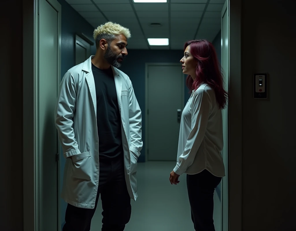 216 cm tall, 33-year-old man with short platinum blond wavy swept-back hair, dark skin, Arabic-Egyptian features, wearing a white lab coat over a black t-shirt and black cargo pants, looking down with a gentle expression and holding open a a door of a double doorway of a compound for a very much shorter 24-year-old woman, with vibrant maroon side-parted medium-length wavy hair, very pale skin, wearing a white flowy top and low-rise black pants, standing outside in a parking lot forest the facility near the doorway. Hip-shot, dark lighting, nighttime, photorealistic, cinematic.
