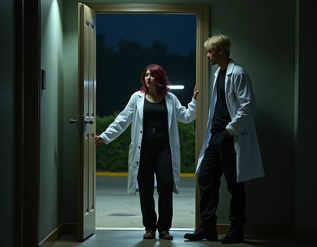 216 cm tall, 33-year-old man with short platinum blond wavy swept-back hair, dark skin, Arabic-Egyptian features, wearing a white lab coat over a black t-shirt and black cargo pants, looking down with a gentle expression and holding open a a door of a double doorway of a compound for a very much shorter 24-year-old woman, with vibrant maroon side-parted medium-length wavy hair, very pale skin, wearing a white flowy top and low-rise black pants, standing outside in a parking lot forest the facility near the doorway. Hip-shot, dark lighting, nighttime, photorealistic, cinematic.