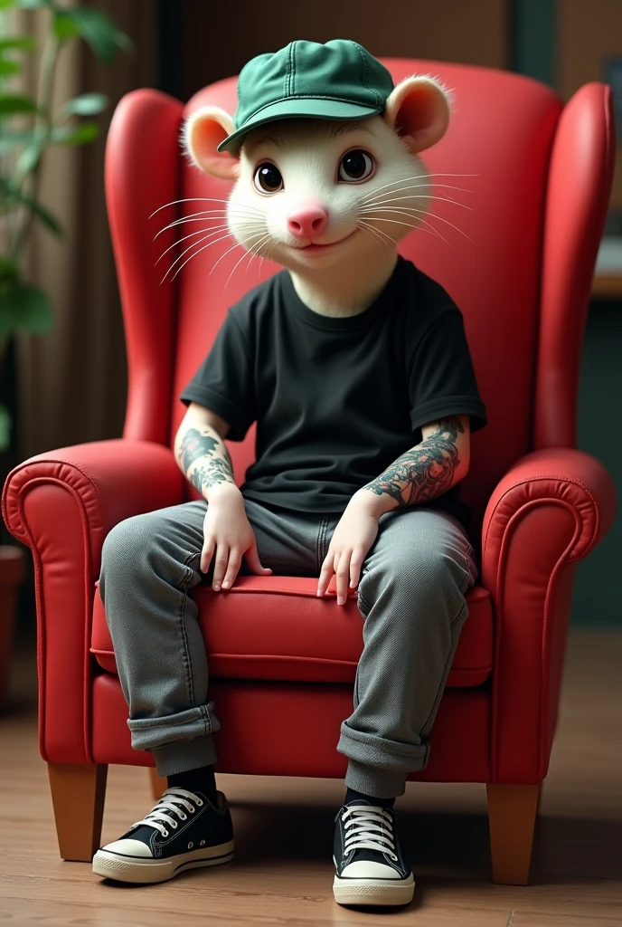 Make me a humanized opossum sitting on a red chair wearing gray denim pants, black sneakers, a black t-shirt, a green cap, the t-shirt should be short-sleeved, a tattoo on his right hand of a wolf with mange.