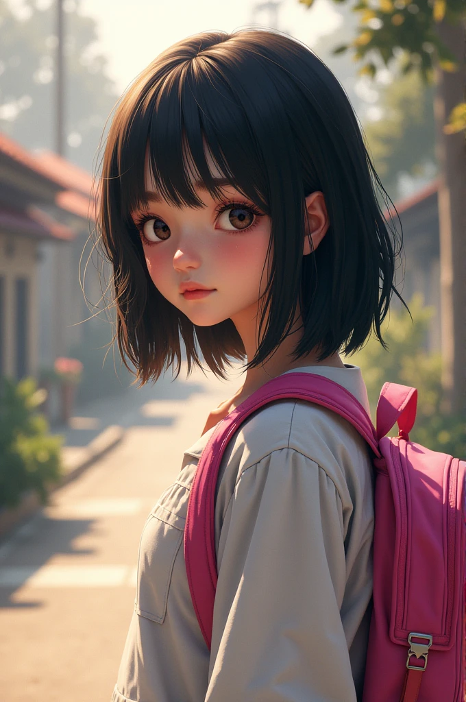 A girl named Ana with dark, straight hair and slightly slanted eyes, with a pink backpack