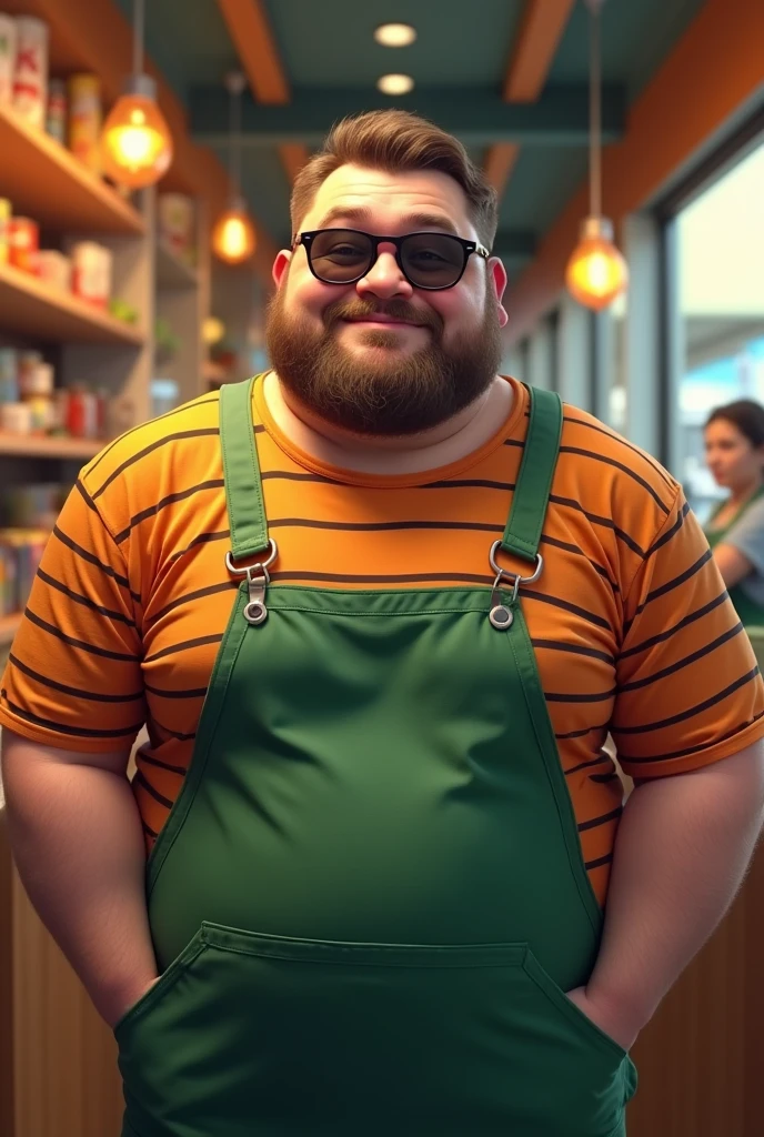 32 years old male Scary Short Hair Beard
Chubby Fruit Parfait Store Manager
Orange and black striped T-shirt Smiling and wearing round sunglasses The arms are thick Green apron