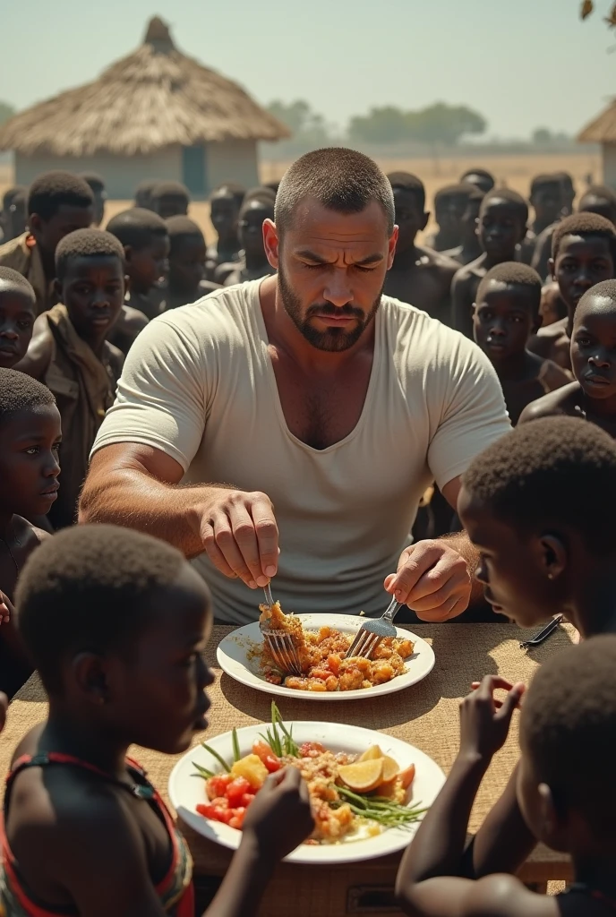 Fit muscular selfish white man eating around african hungry that have no food
