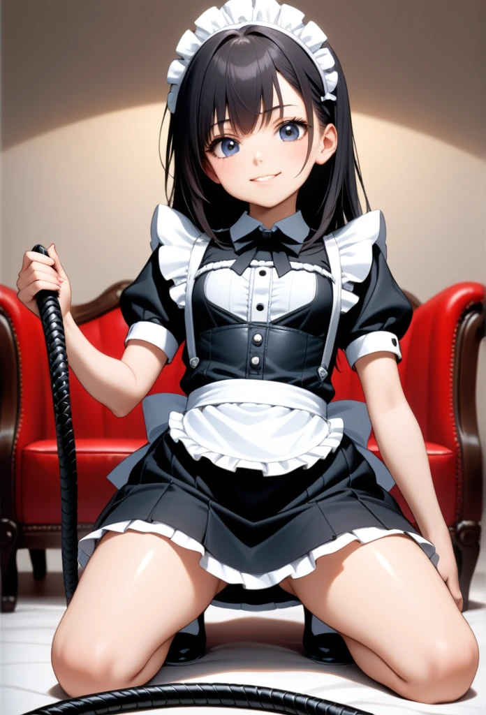 ((masterpiece)),((best quality)), two girls around 18 years old, two girls holding a whip, (leather whip), smile, Kneeling Girl, Maid clothes
